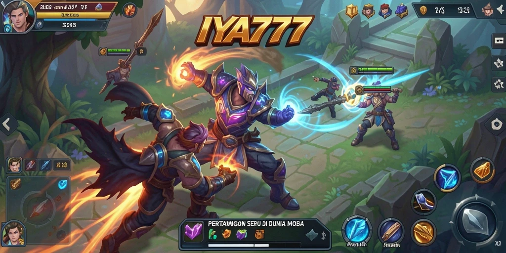 Tangkapan layar utama IYA777 menampilkan aksi pertarungan seru di arena MOBA.