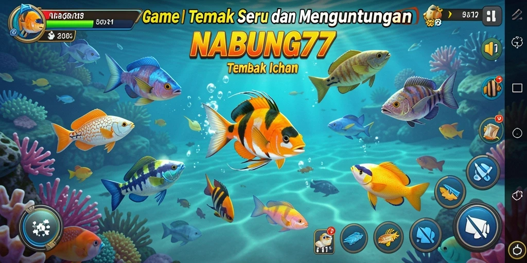 Tampilan gameplay seru dalam NABUNG77, penuh dengan aksi menembak ikan.
